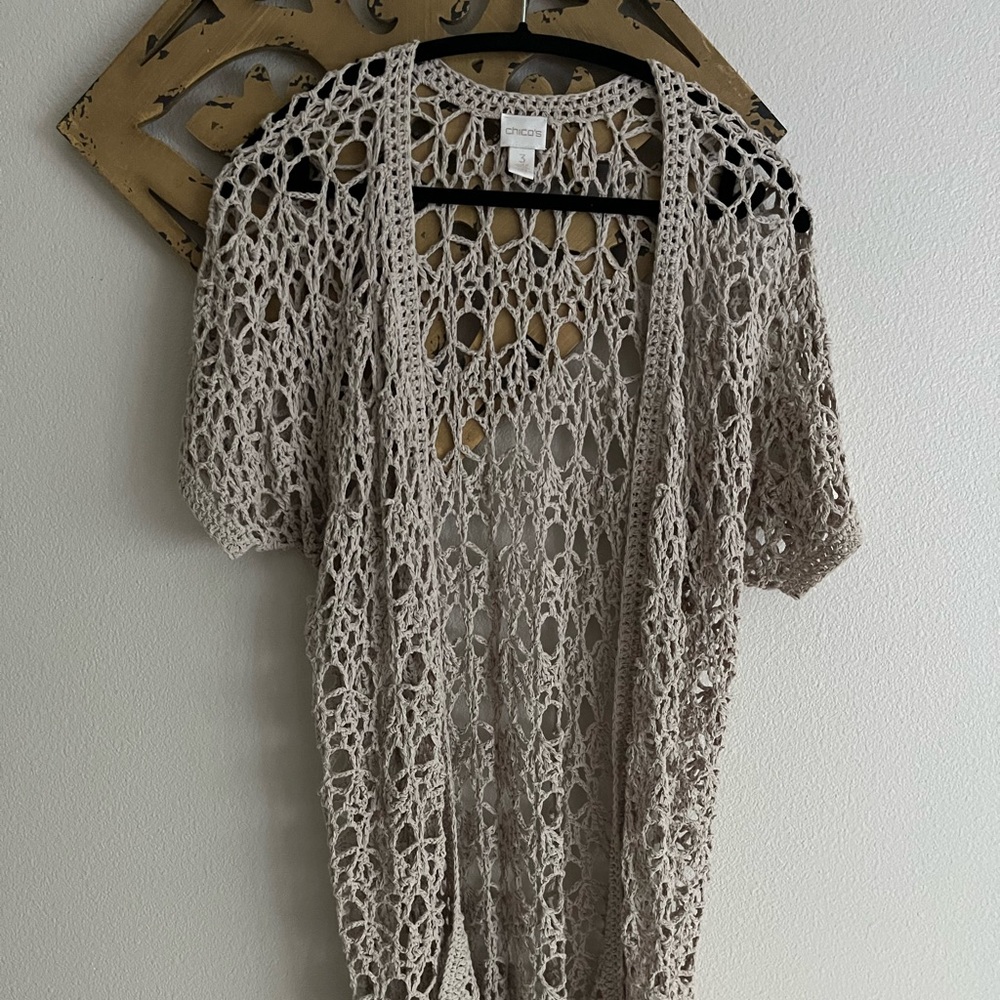 Chico's Open Crochet short sleeved cardigan size 3 (14/16) NWOT
